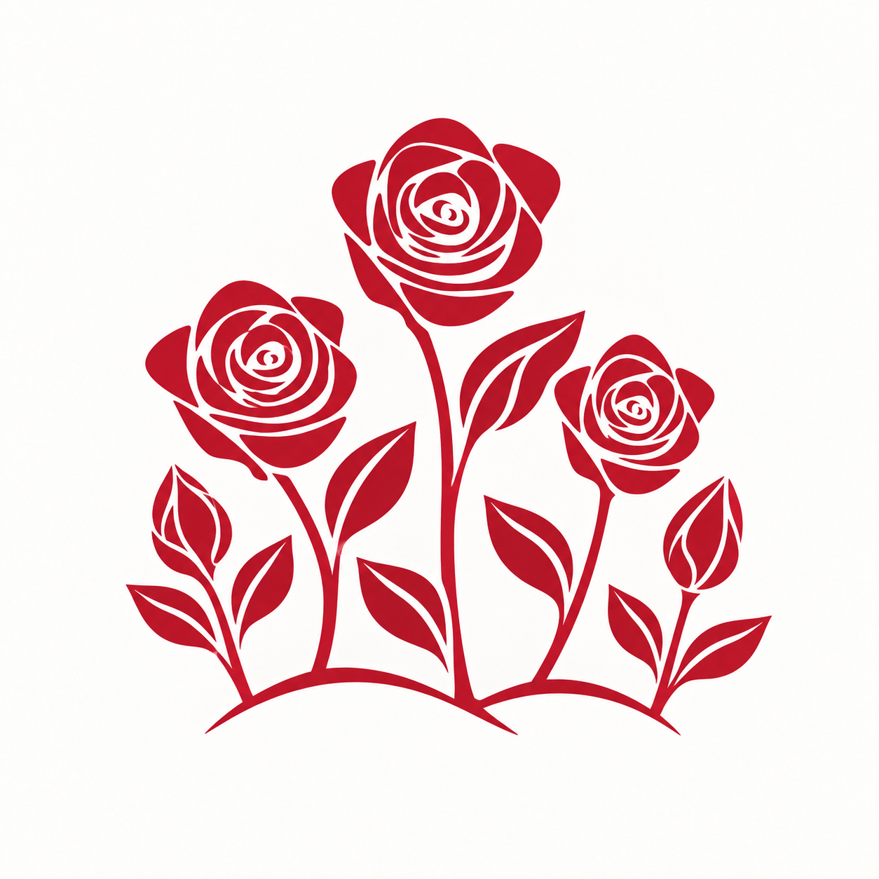 Three red roses and buds growing together on one vine, the Garden stage